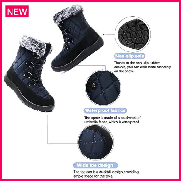 Mid Calf Snow Boots with Faux Fur, Insulated, Lace-Up, Outdoor Winter - Picture 4 of 8